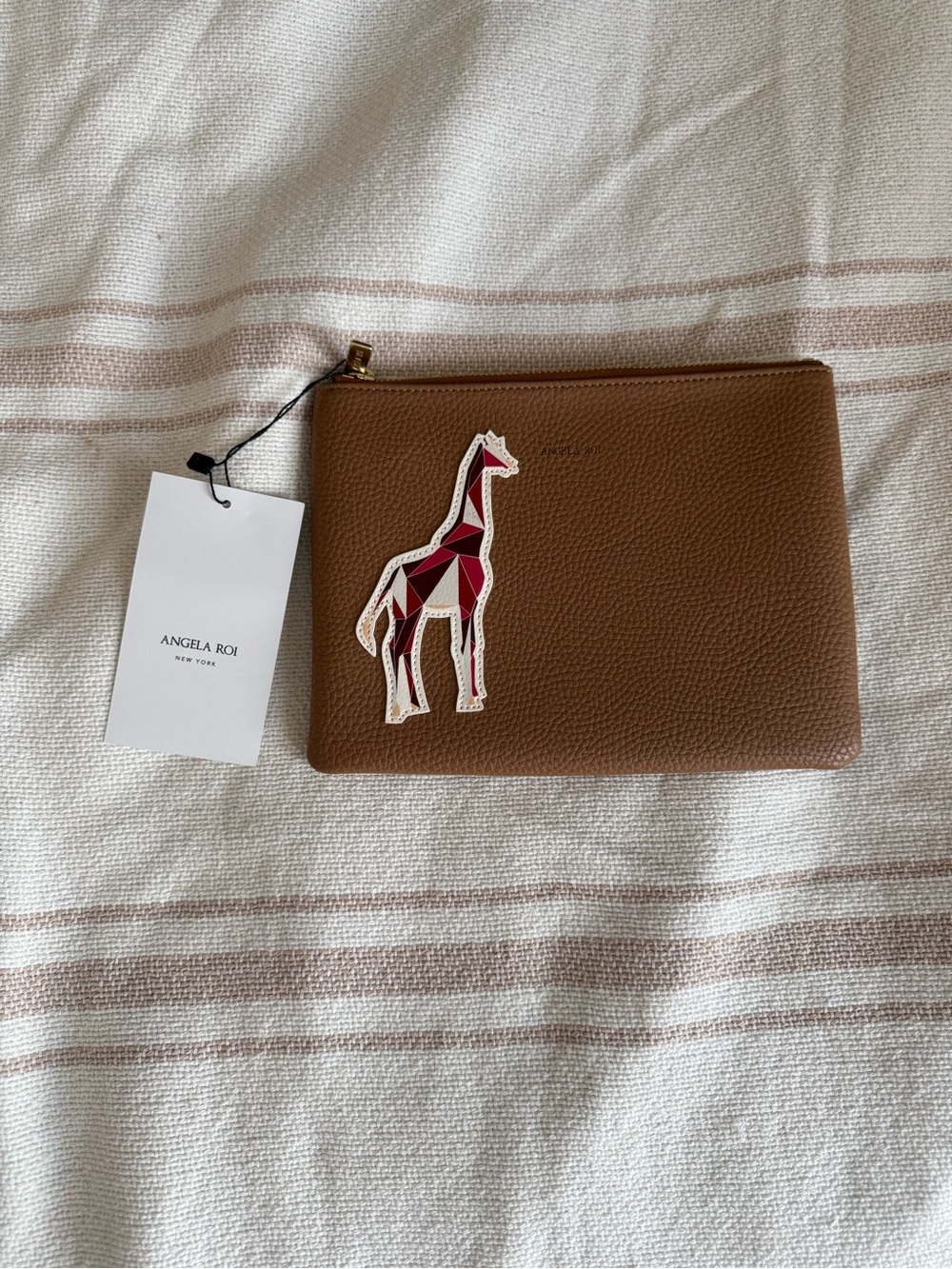 NWT Angela Roi Zuri Zip Pouch tan with Gold Hardware